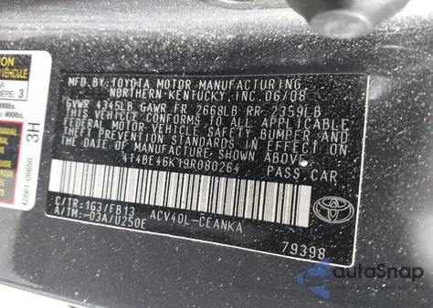 2009 Toyota Camry Le from USA, damaged, VIN 4T4BE46K19R080264